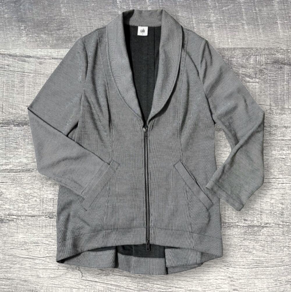 CAbi Drop Off Knit Jacket Blazer Womens L Pinstripe Zipper Back High Low 5300